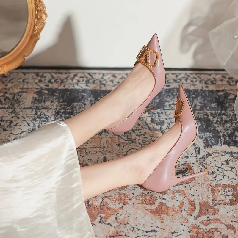 2023 Luxury Brand High Quality Women&#39;s High Heels Fashion Classic Pointy Pumps Wedding Shoes Leather Pointed 10CM Wedding Shoes