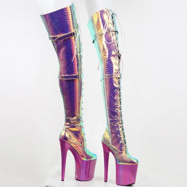 20Cm High Heel Platform Over-The-Knee Boots Snake Print Hologram Cross-Tied Pole Dancing Thigh High Boots