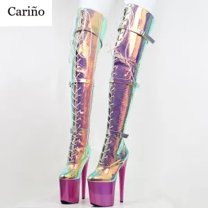 20Cm High Heel Platform Over-The-Knee Boots Snake Print Hologram Cross-Tied Pole Dancing Thigh High Boots