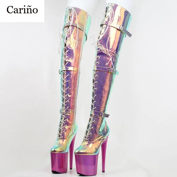 20Cm High Heel Platform Over-The-Knee Boots Snake Print Hologram Cross-Tied Pole Dancing Thigh High Boots