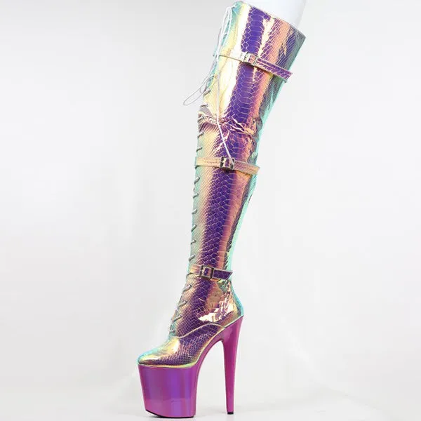 20Cm High Heel Platform Over-The-Knee Boots Snake Print Hologram Cross-Tied Pole Dancing Thigh High Boots