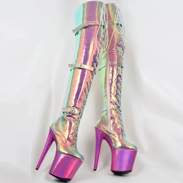 20Cm High Heel Platform Over-The-Knee Boots Snake Print Hologram Cross-Tied Pole Dancing Thigh High Boots
