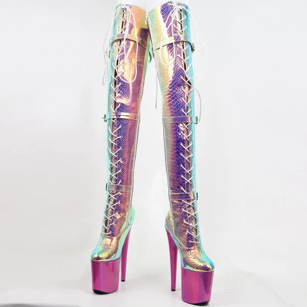 20Cm High Heel Platform Over-The-Knee Boots Snake Print Hologram Cross-Tied Pole Dancing Thigh High Boots
