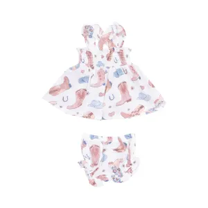 Angel Dear || Cowboy Boots Pink Ruffle Strap Smocked Top And Diaper Cover