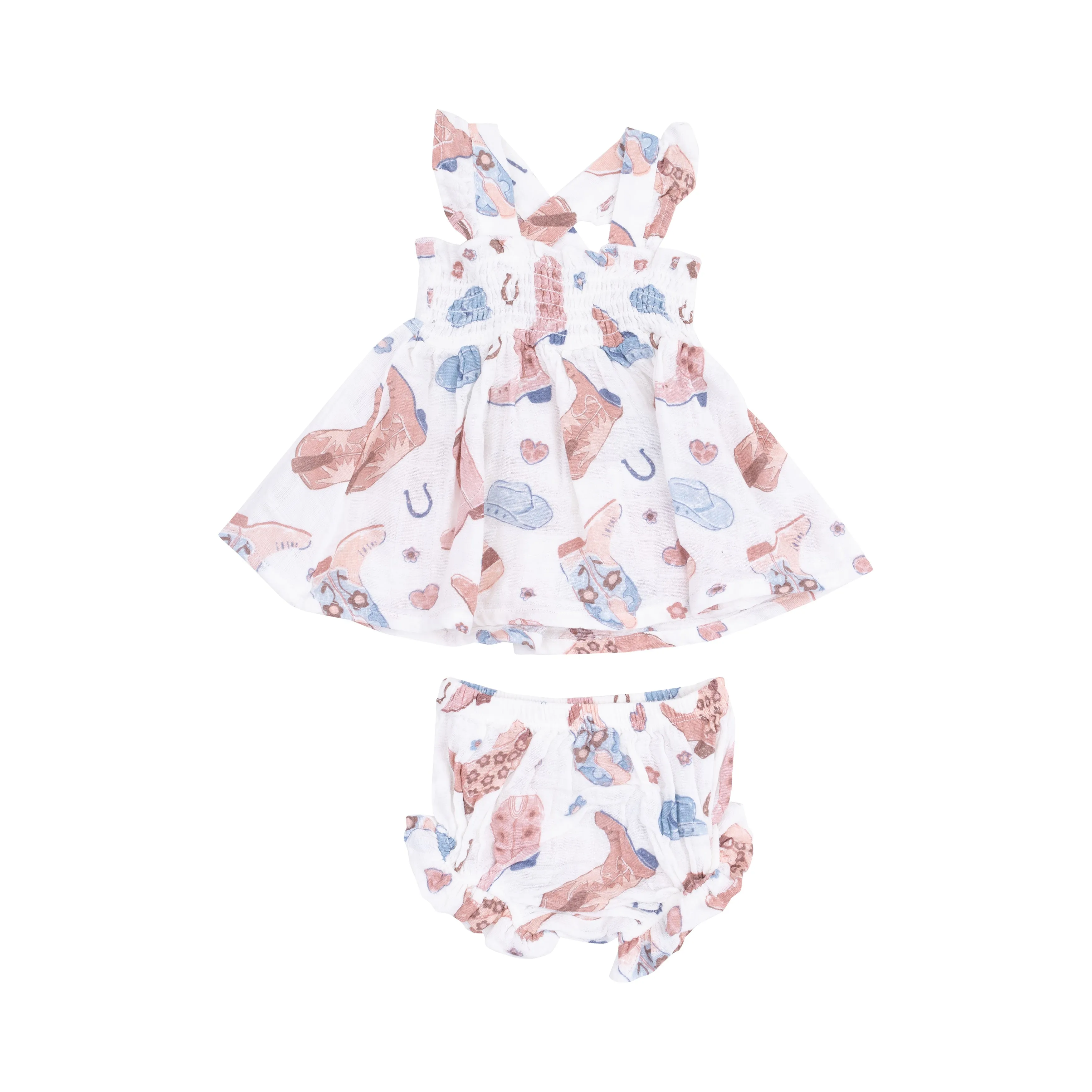 Angel Dear || Cowboy Boots Pink Ruffle Strap Smocked Top And Diaper Cover