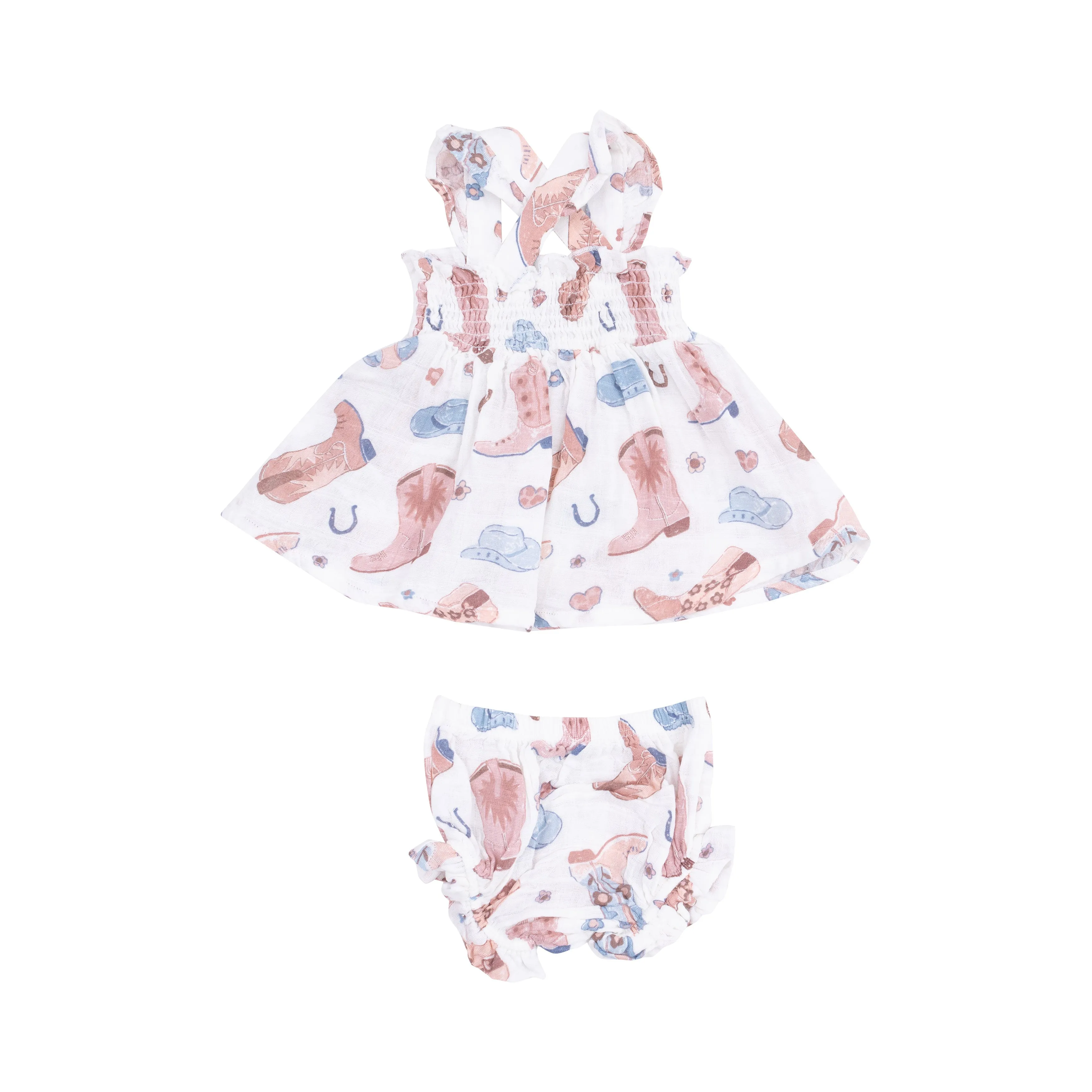Angel Dear || Cowboy Boots Pink Ruffle Strap Smocked Top And Diaper Cover