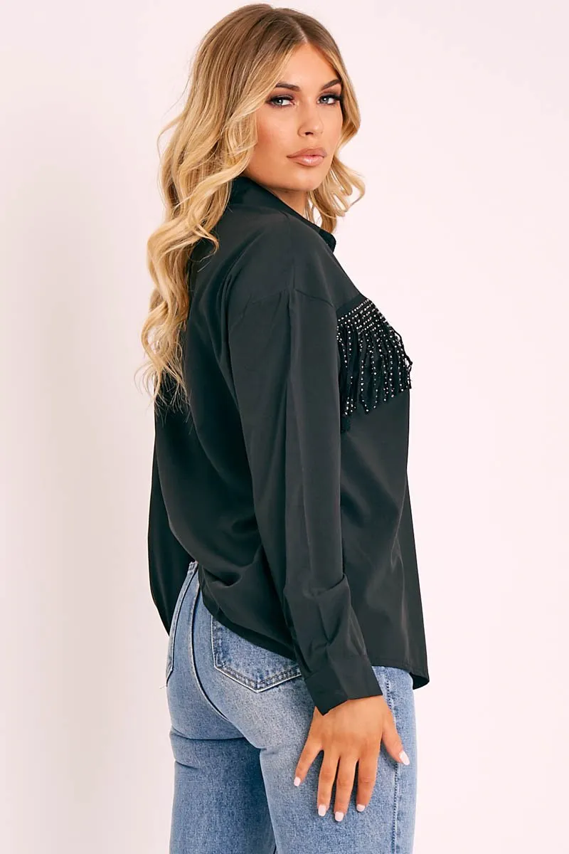 Black Diamante Fringe Shirt - Haidee
