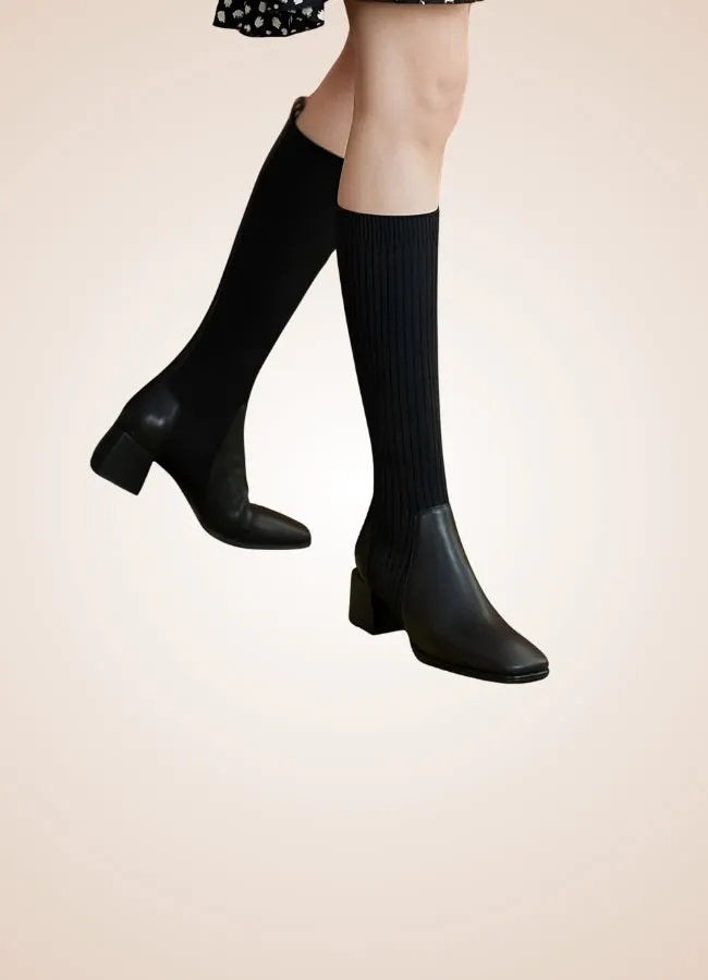 Black Steampunk Knee High Knit Boots