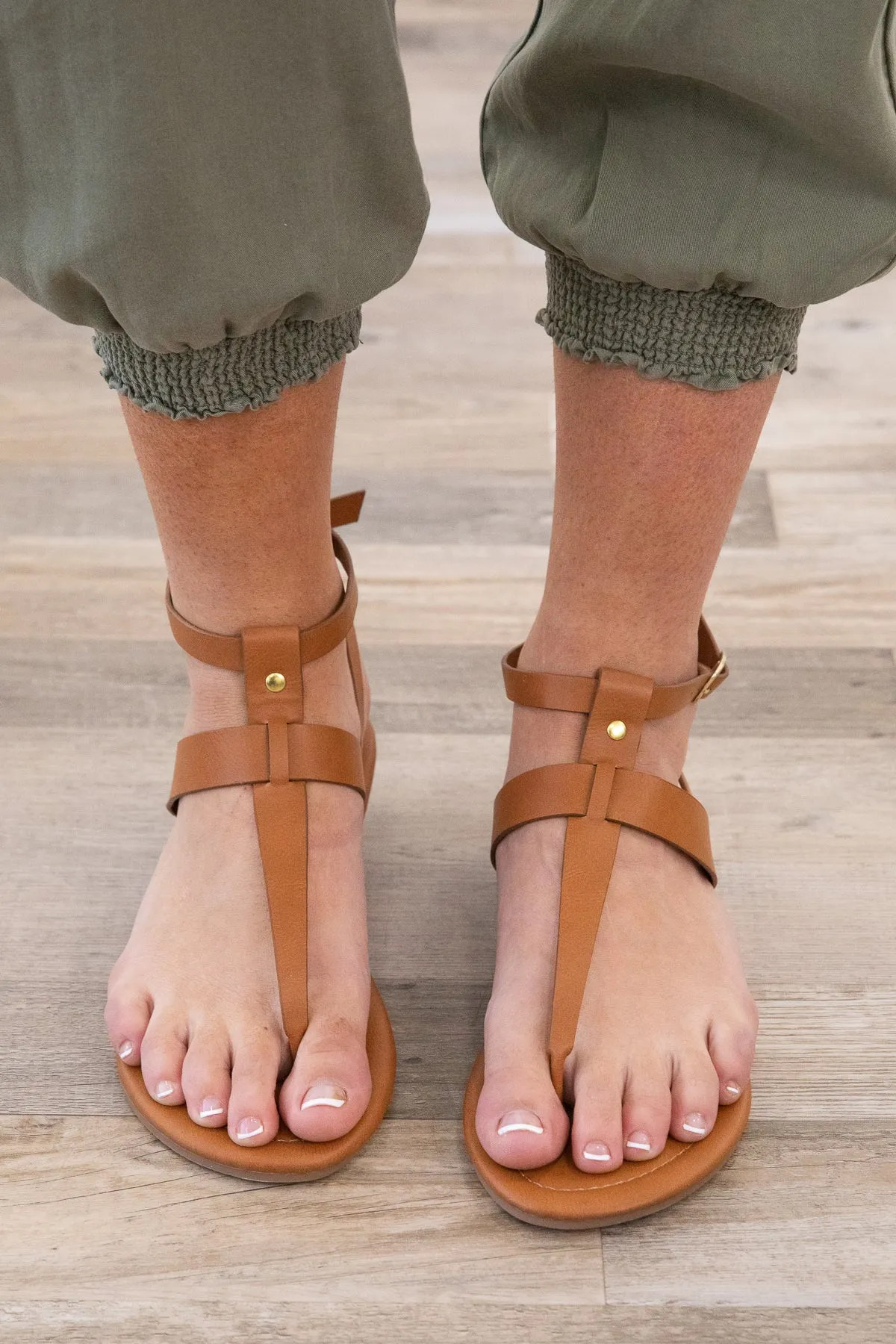 Camel Strappy Ankle Buckle Sandals