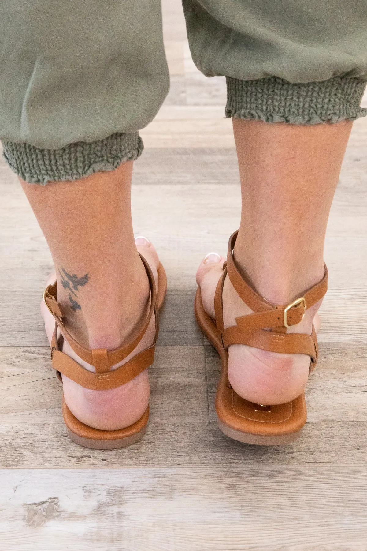 Camel Strappy Ankle Buckle Sandals