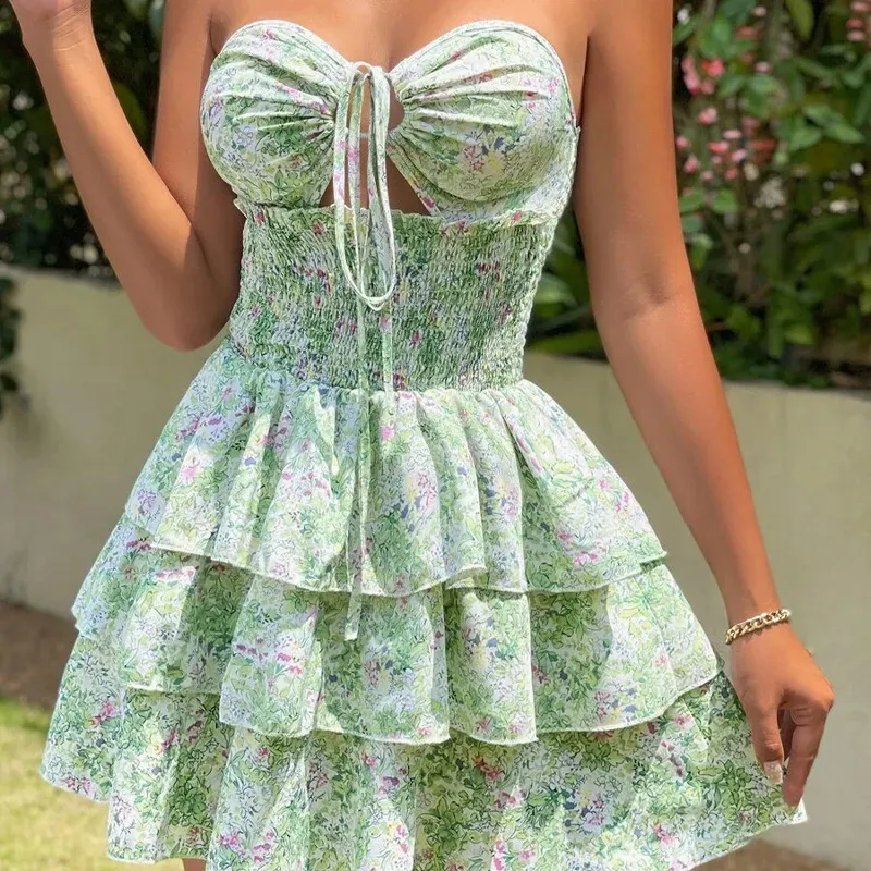 Carmen Smocked Floral Halter Neck Tiered Mini Dress