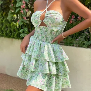Carmen Smocked Floral Halter Neck Tiered Mini Dress