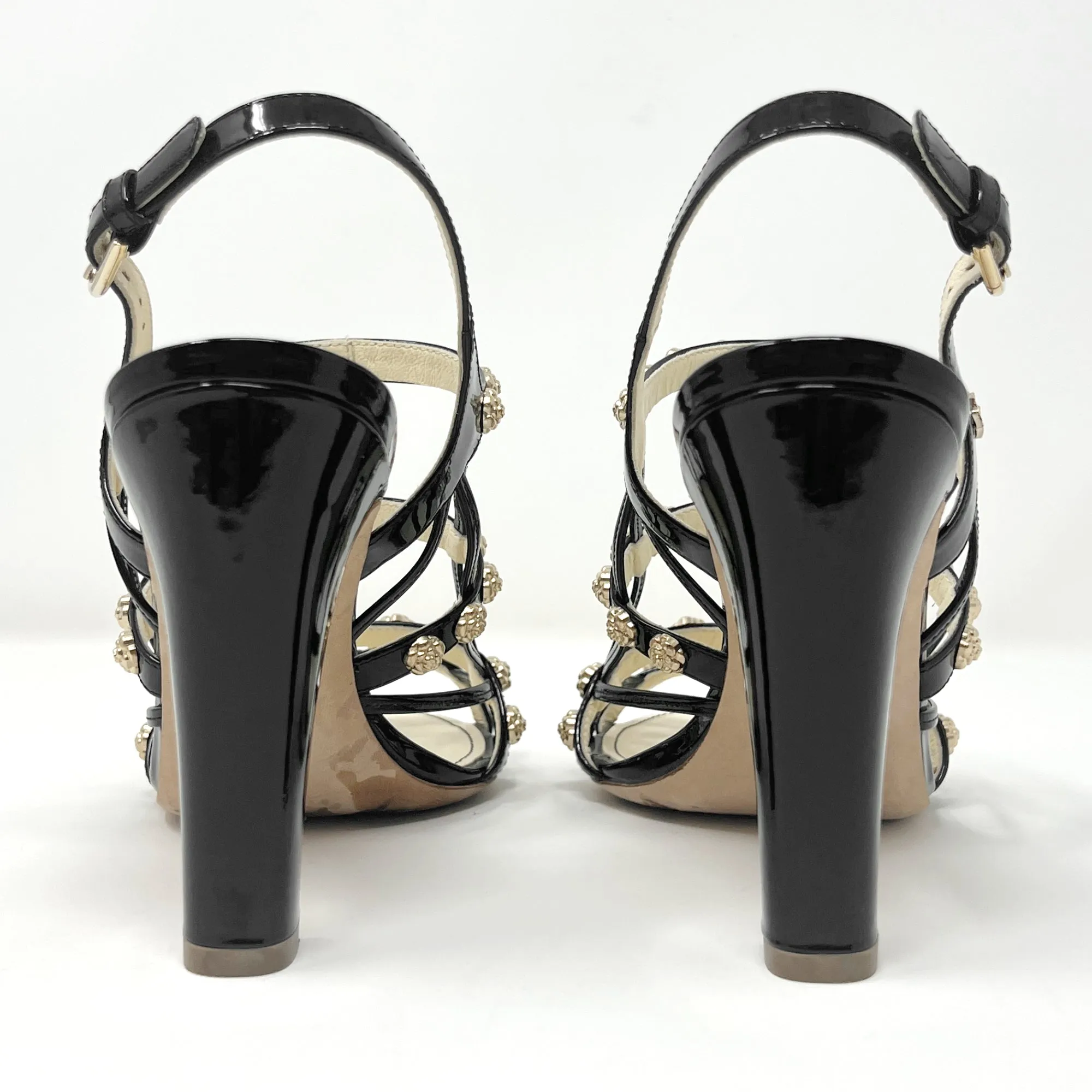 Chanel Interlocking CC Logo Camellia Gold Studded Patent Sandals Size EU 37.5