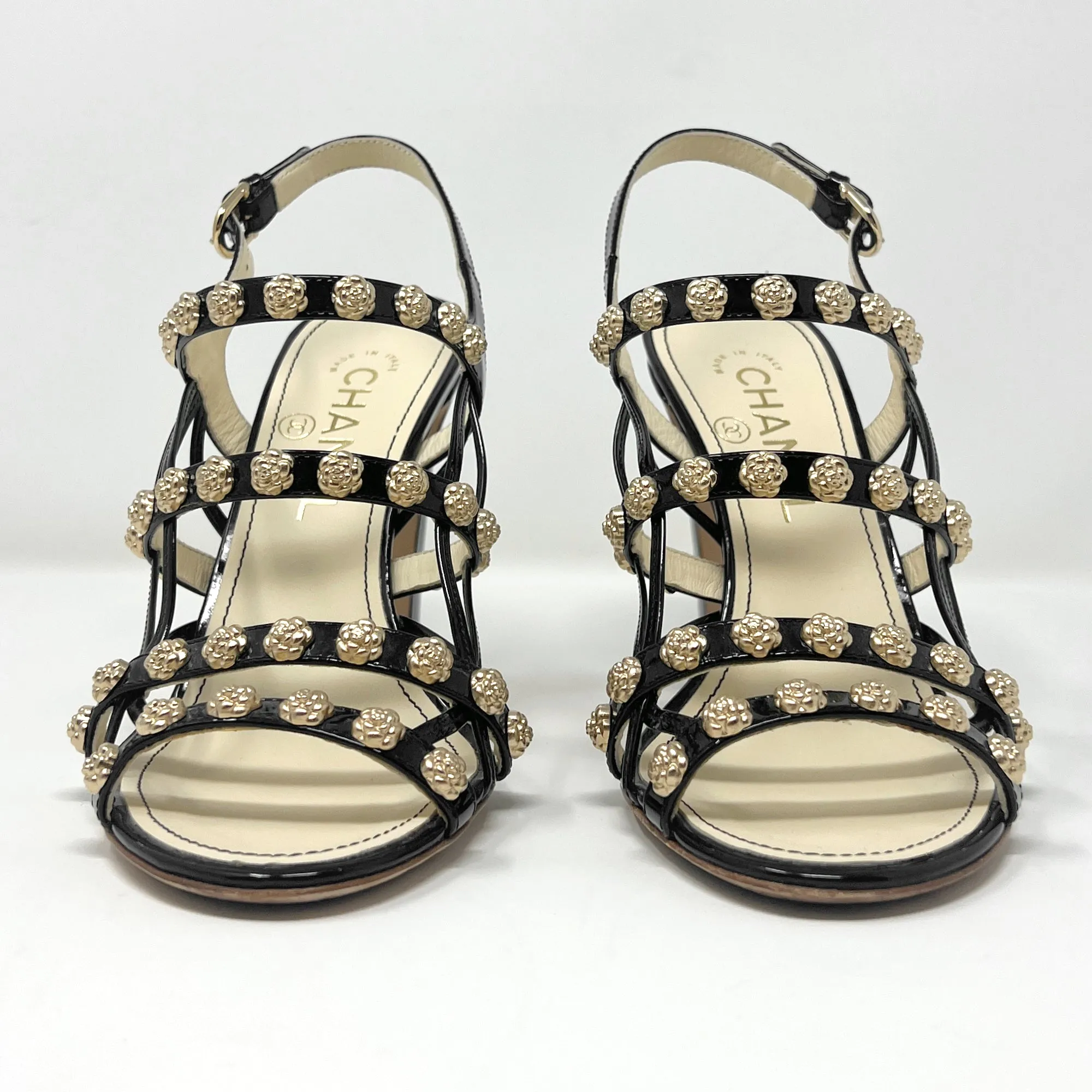 Chanel Interlocking CC Logo Camellia Gold Studded Patent Sandals Size EU 37.5