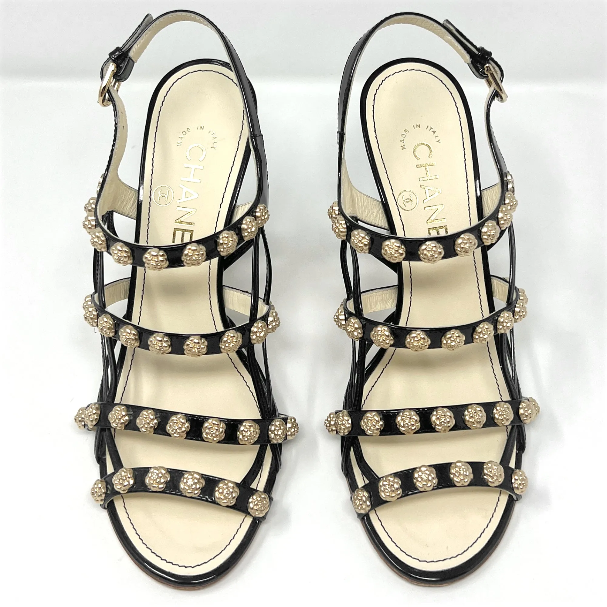 Chanel Interlocking CC Logo Camellia Gold Studded Patent Sandals Size EU 37.5