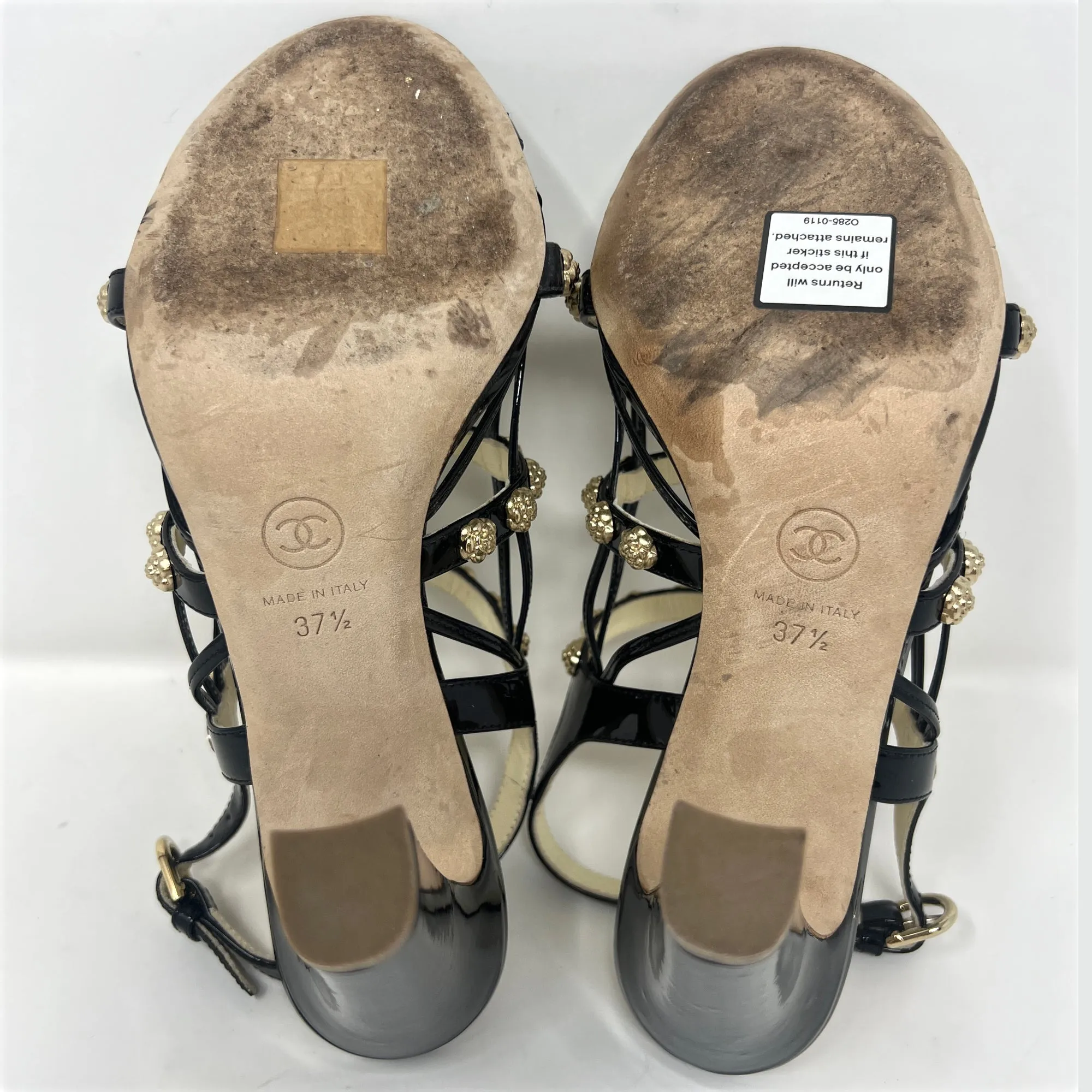 Chanel Interlocking CC Logo Camellia Gold Studded Patent Sandals Size EU 37.5