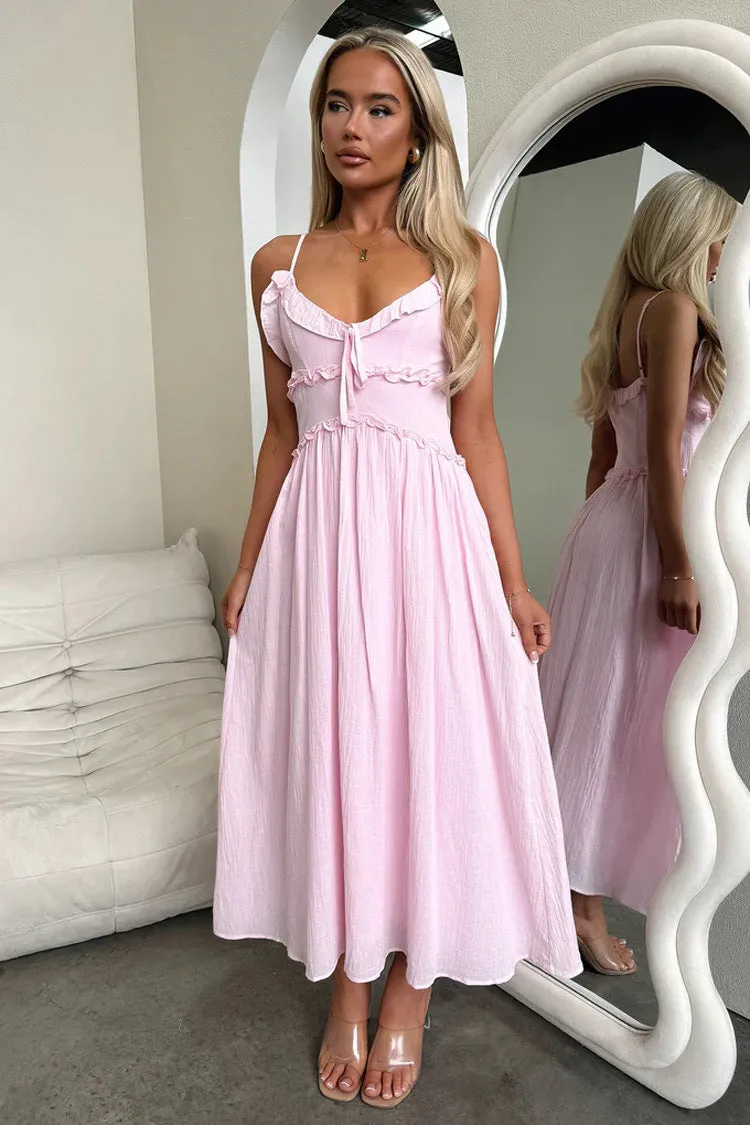 Charming Ruffled Strappy Flowy Midi Dress for Effortless Elegance