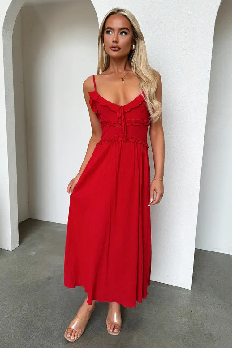 Charming Ruffled Strappy Flowy Midi Dress for Effortless Elegance