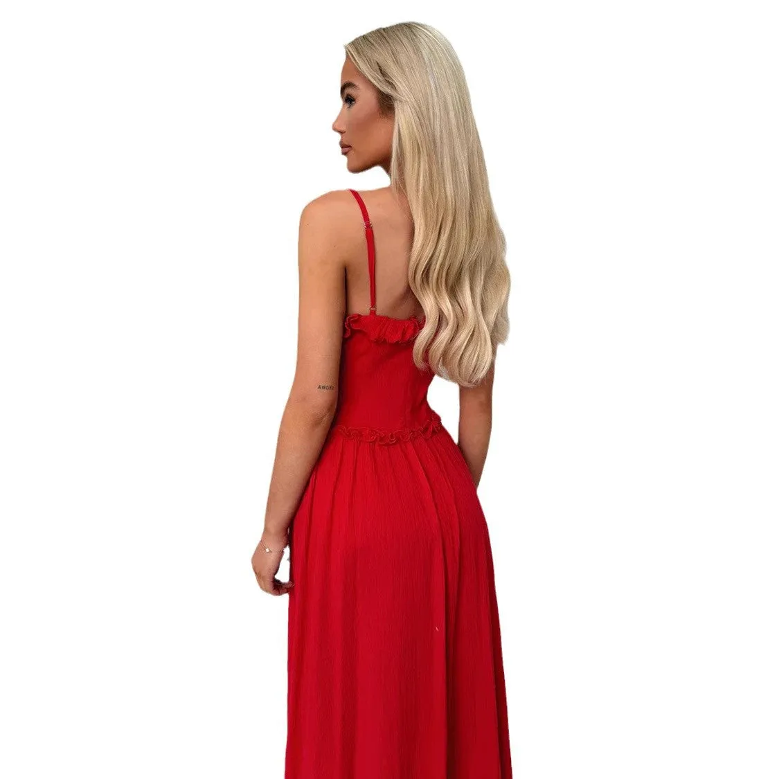 Charming Ruffled Strappy Flowy Midi Dress for Effortless Elegance