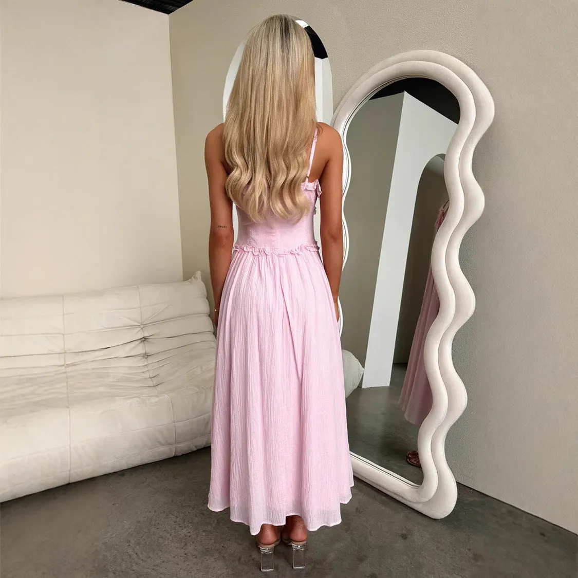 Charming Ruffled Strappy Flowy Midi Dress for Effortless Elegance