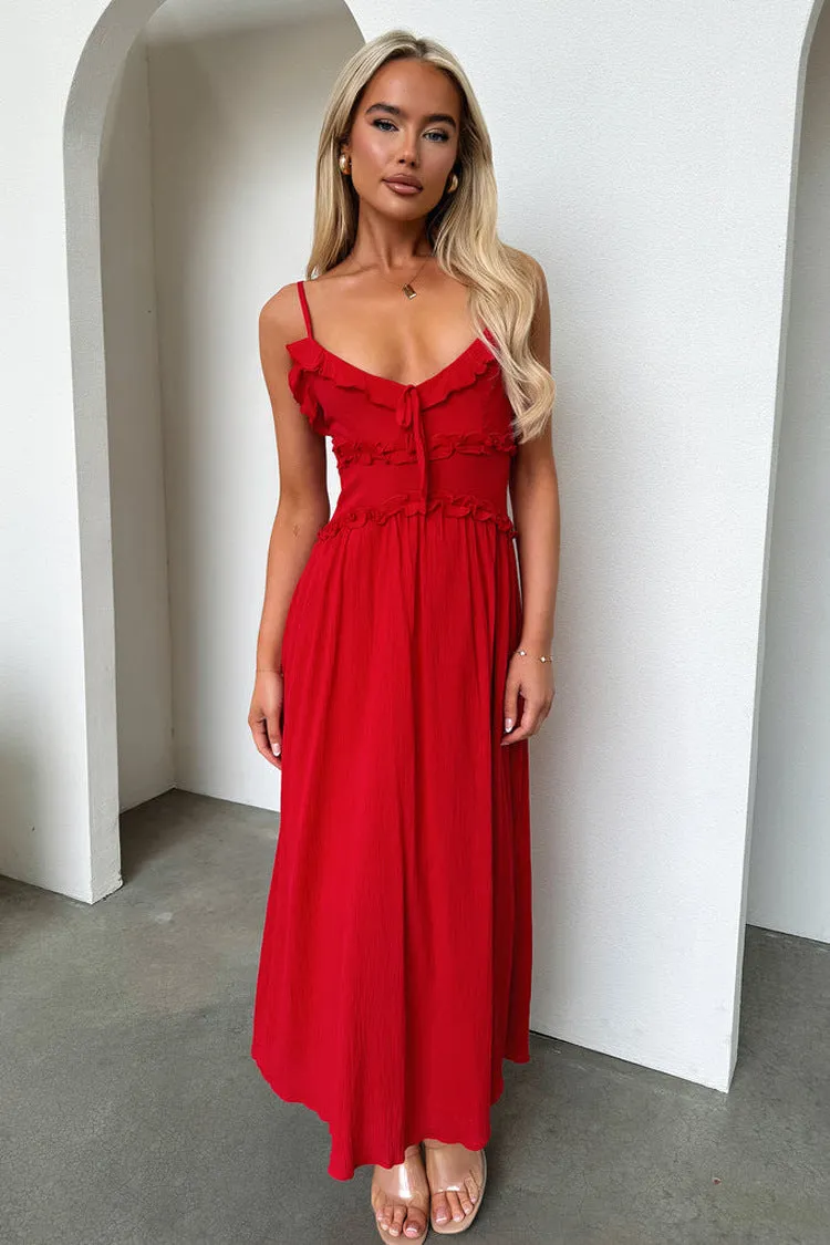 Charming Ruffled Strappy Flowy Midi Dress for Effortless Elegance
