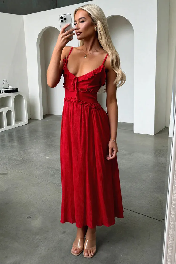 Charming Ruffled Strappy Flowy Midi Dress for Effortless Elegance