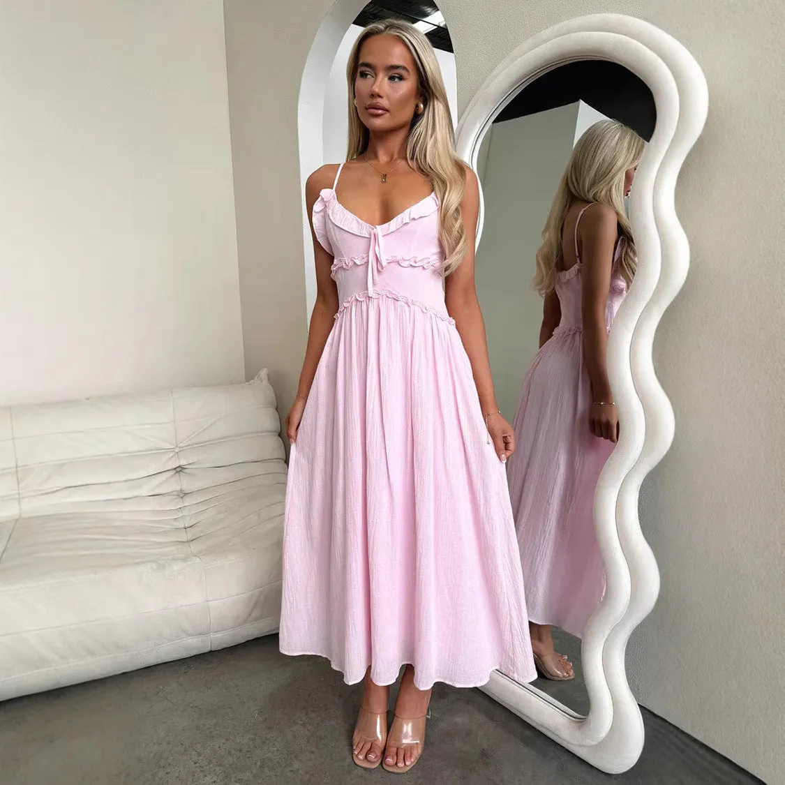 Charming Ruffled Strappy Flowy Midi Dress for Effortless Elegance