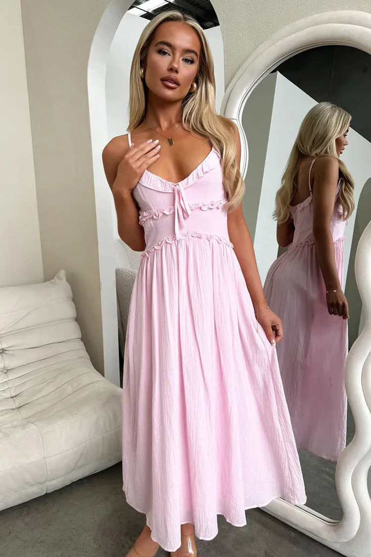 Charming Ruffled Strappy Flowy Midi Dress for Effortless Elegance
