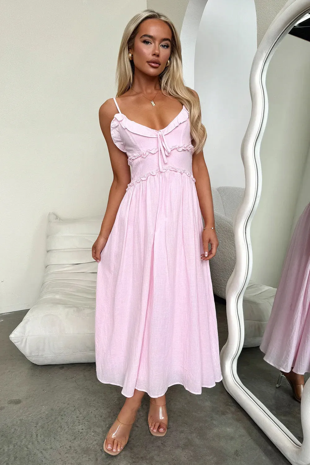 Charming Ruffled Strappy Flowy Midi Dress for Effortless Elegance