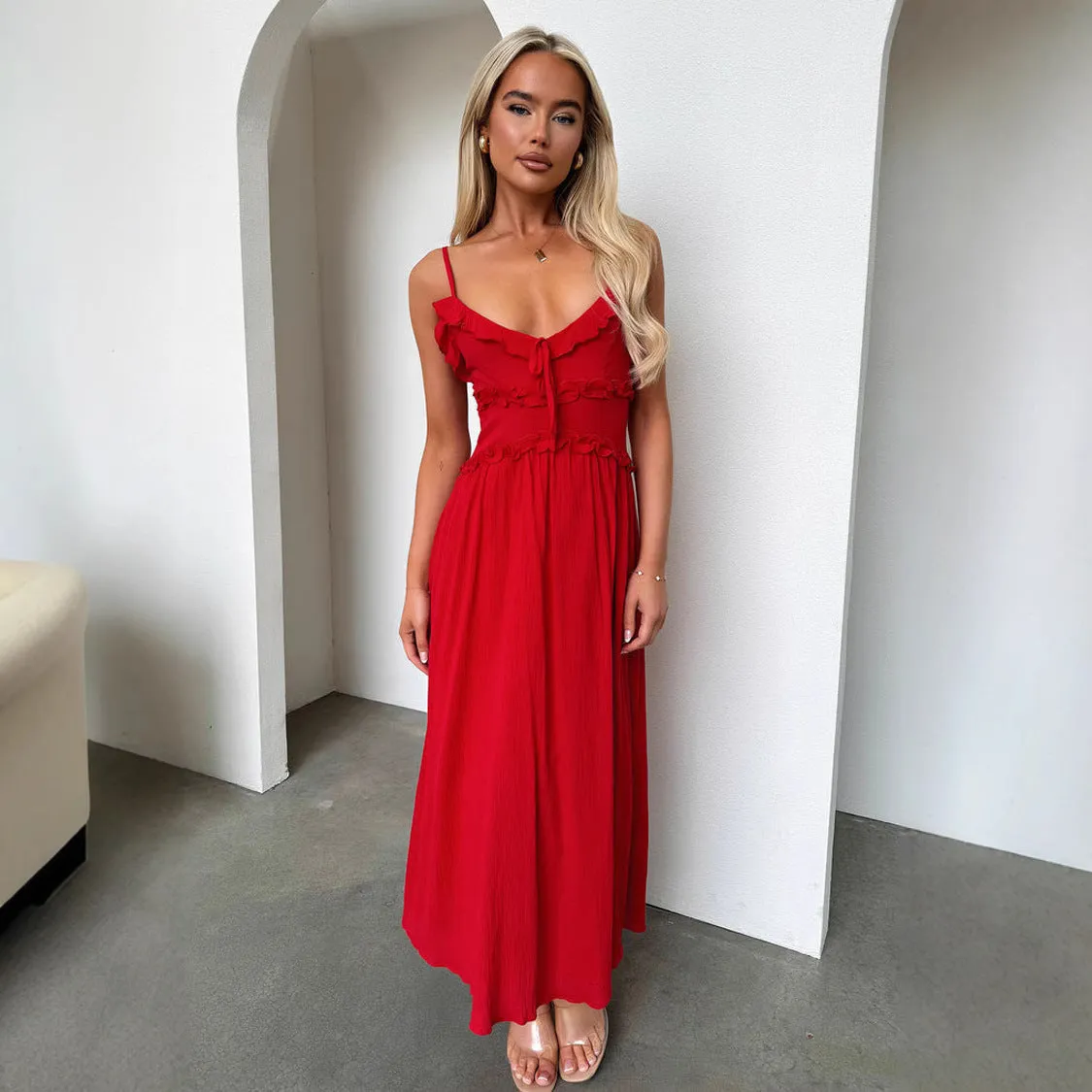 Charming Ruffled Strappy Flowy Midi Dress for Effortless Elegance