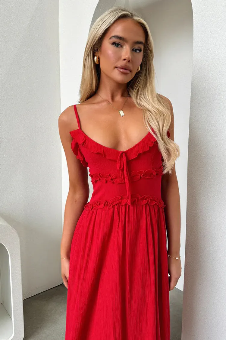 Charming Ruffled Strappy Flowy Midi Dress for Effortless Elegance