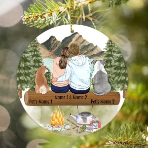 Couple Camping Hiking With Dogs Personalized Name Christmas Premium Ceramic Ornaments Sets