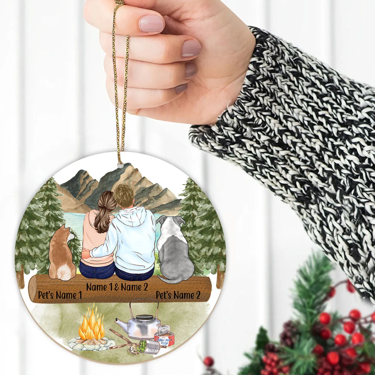 Couple Camping Hiking With Dogs Personalized Name Christmas Premium Ceramic Ornaments Sets