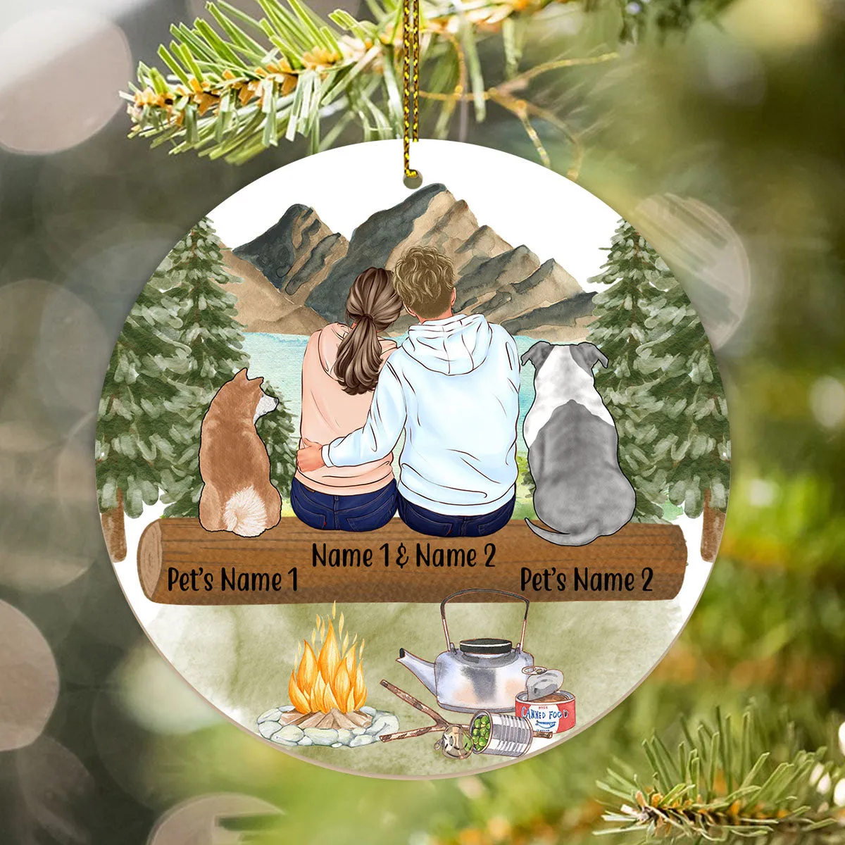 Couple Camping Hiking With Dogs Personalized Name Christmas Premium Ceramic Ornaments Sets