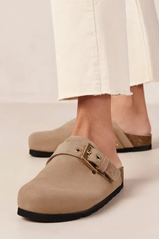 Cozy Suede Taupe Leather Clogs