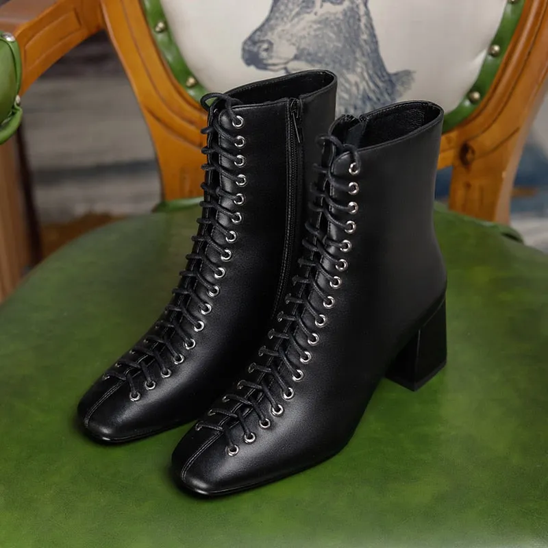 Fashion Woman Ankle Boots High Quality Genuine Leather Handmade Autumn Winter Boots Cross-Tied High Heels Boots Woman