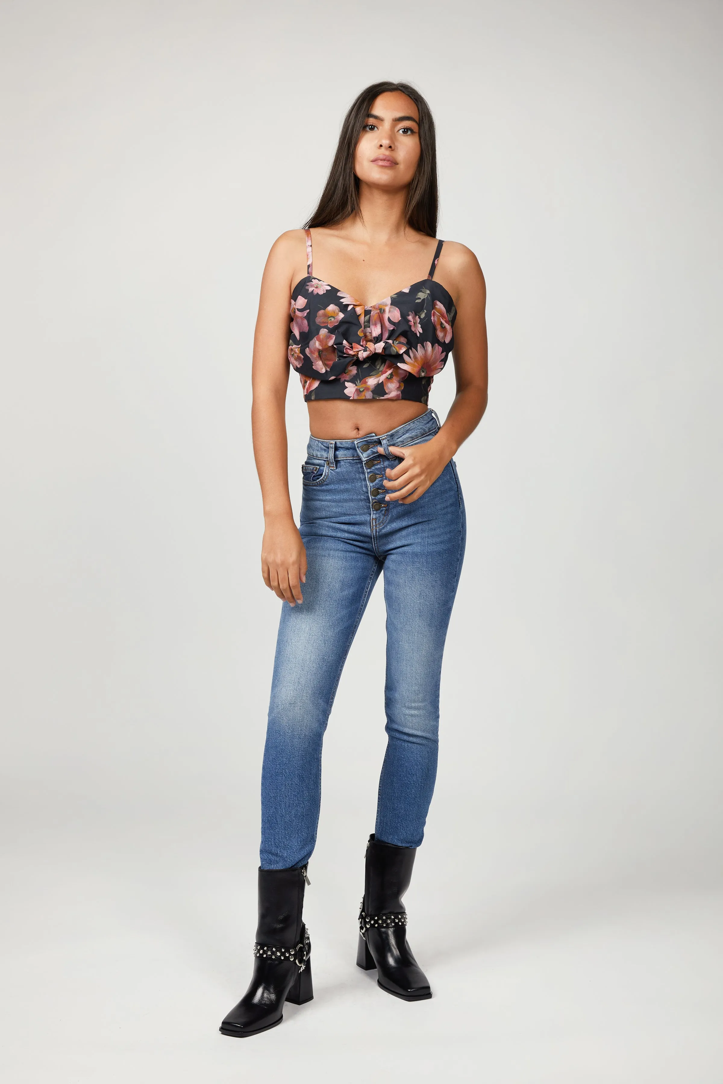 FLORAL-PRINT COTTON-SILK CROP TOP