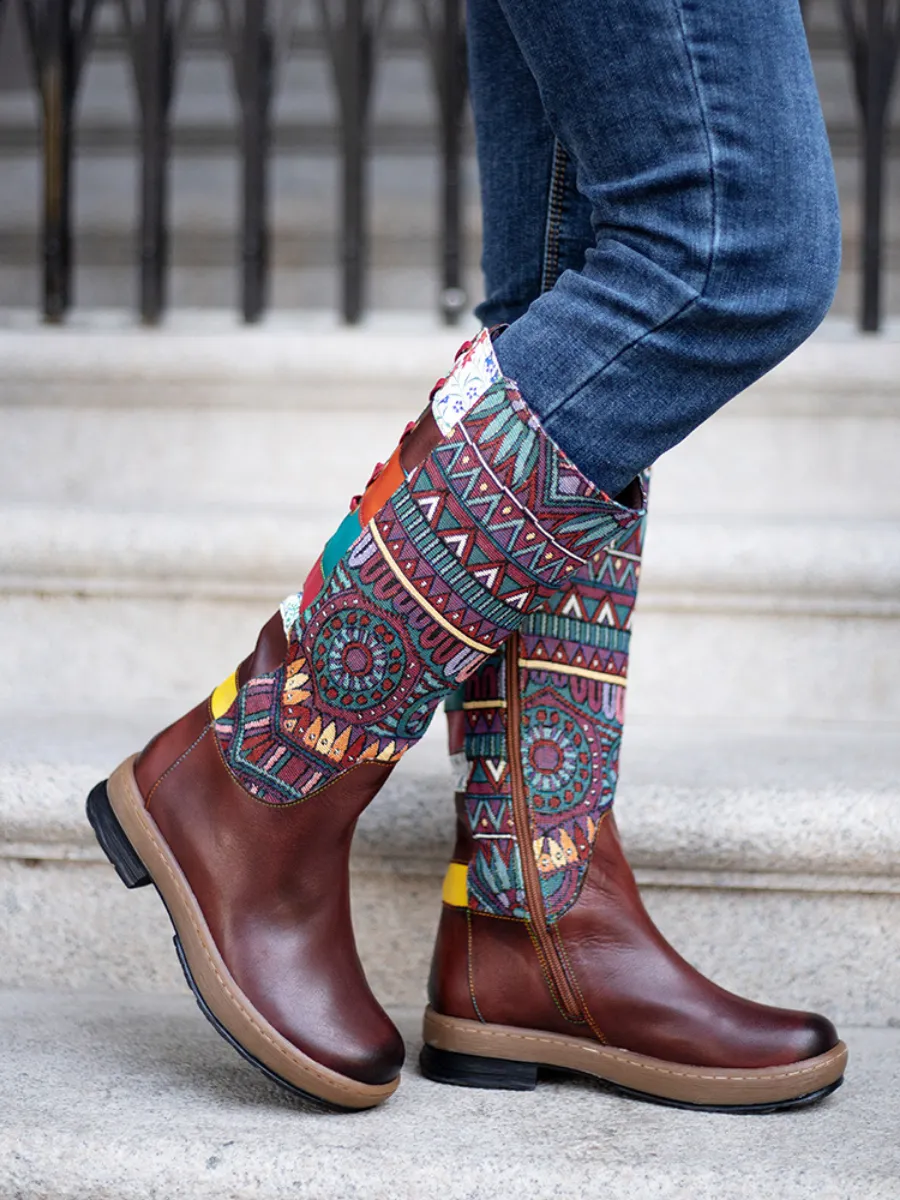 Genuine Leather Brown Geometric Lace-Up Back Flat Knee Boots