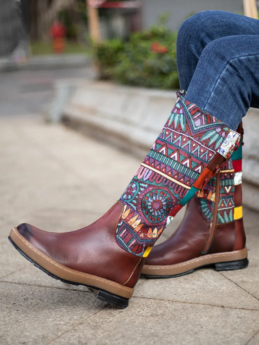 Genuine Leather Brown Geometric Lace-Up Back Flat Knee Boots