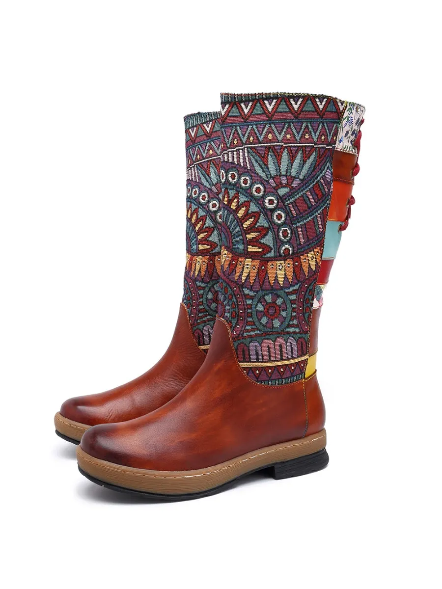 Genuine Leather Brown Geometric Lace-Up Back Flat Knee Boots