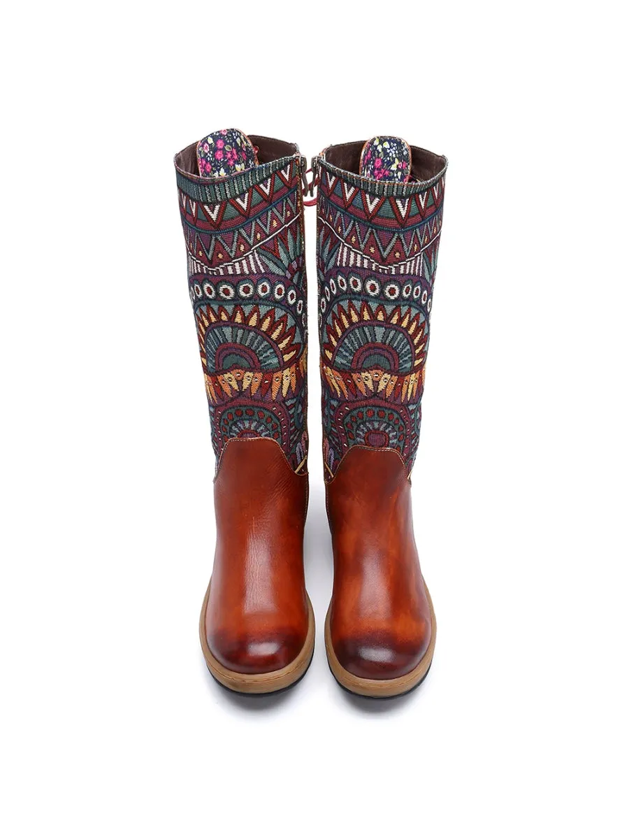 Genuine Leather Brown Geometric Lace-Up Back Flat Knee Boots