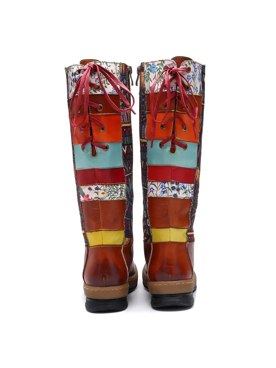 Genuine Leather Brown Geometric Lace-Up Back Flat Knee Boots