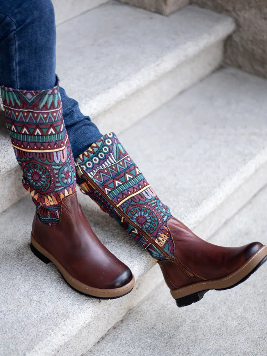 Genuine Leather Brown Geometric Lace-Up Back Flat Knee Boots
