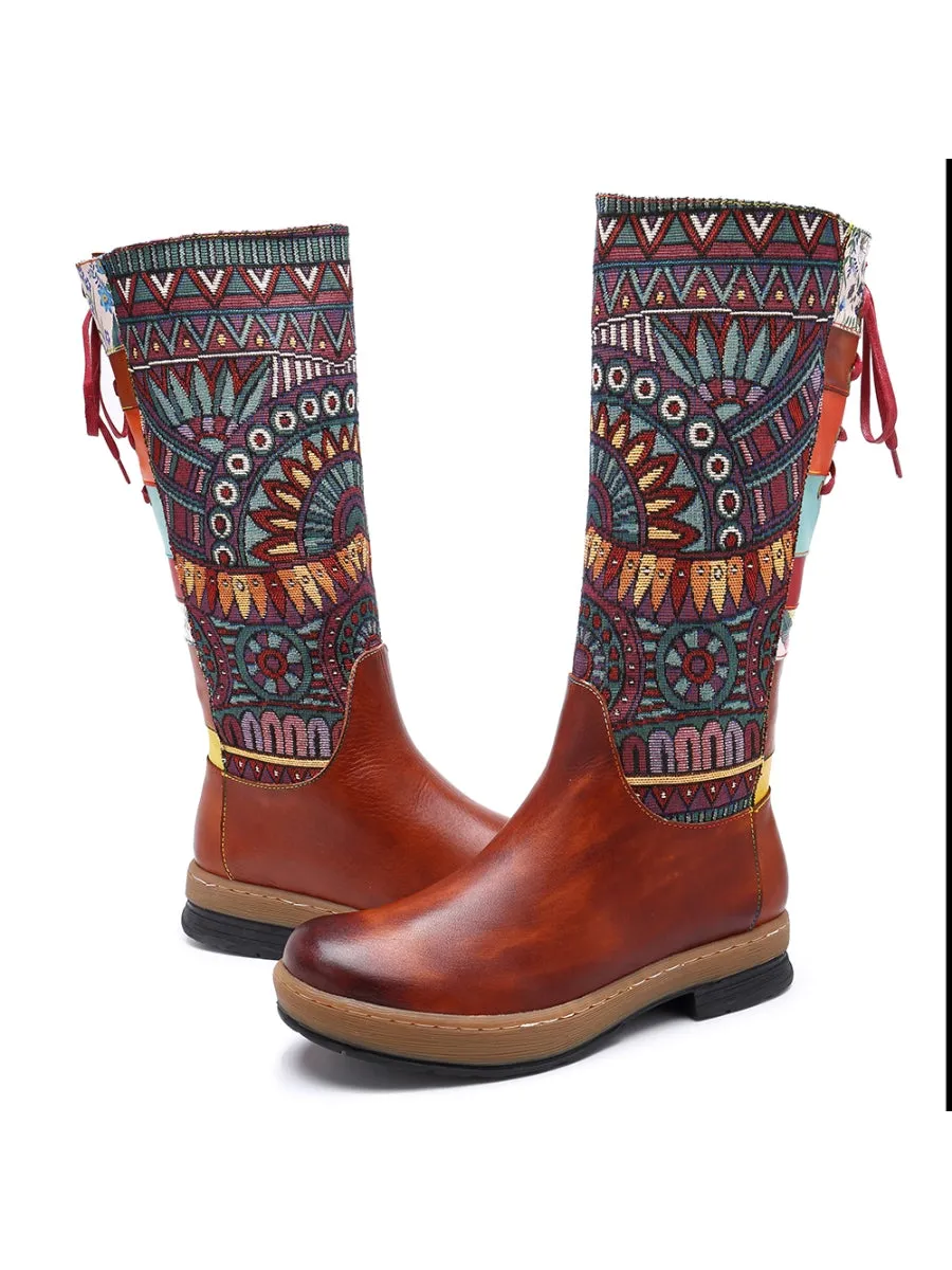 Genuine Leather Brown Geometric Lace-Up Back Flat Knee Boots