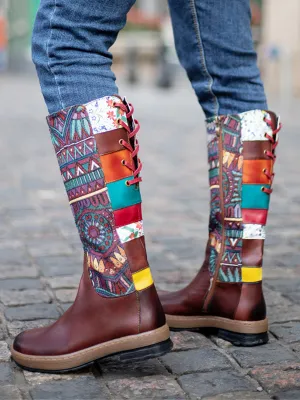 Genuine Leather Brown Geometric Lace-Up Back Flat Knee Boots