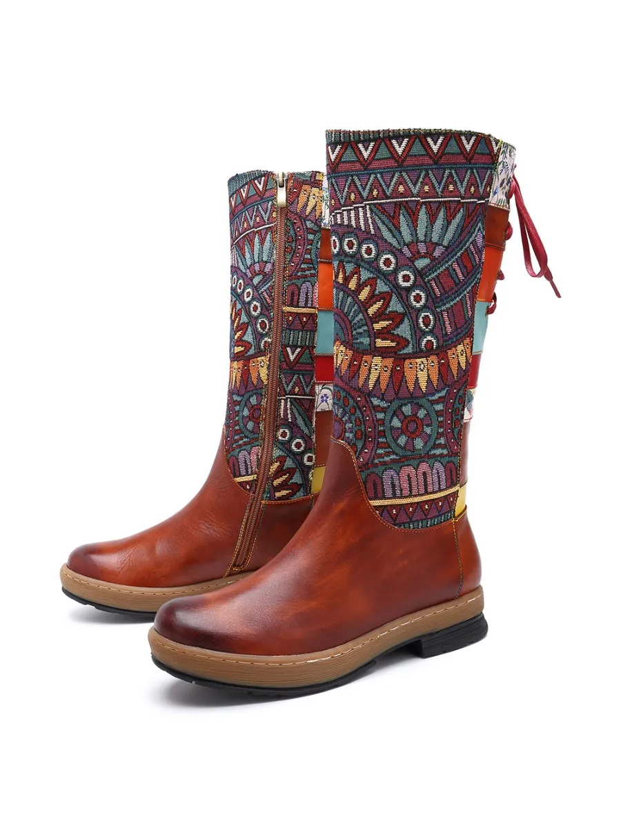 Genuine Leather Brown Geometric Lace-Up Back Flat Knee Boots