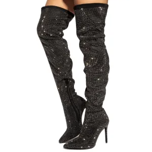 Javir-2 All-Over Rhinestone Thigh-High Boots
