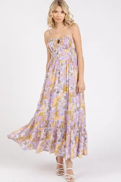 Lavender Floral Smocked Back Ruffled Hem Maxi Cami Dress