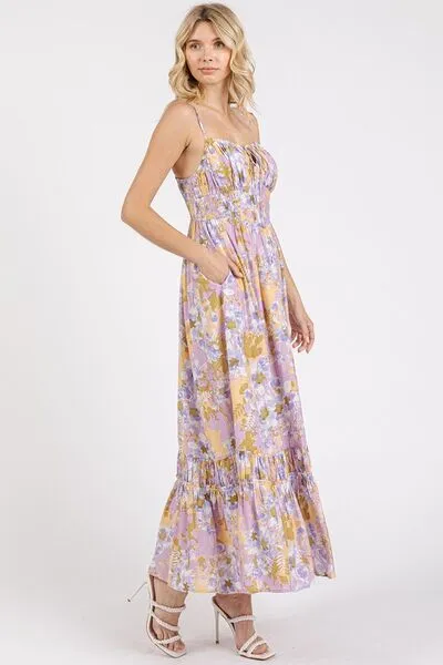 Lavender Floral Smocked Back Ruffled Hem Maxi Cami Dress