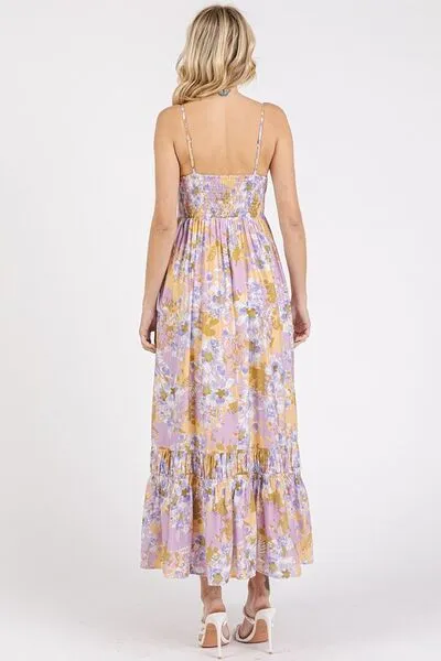 Lavender Floral Smocked Back Ruffled Hem Maxi Cami Dress